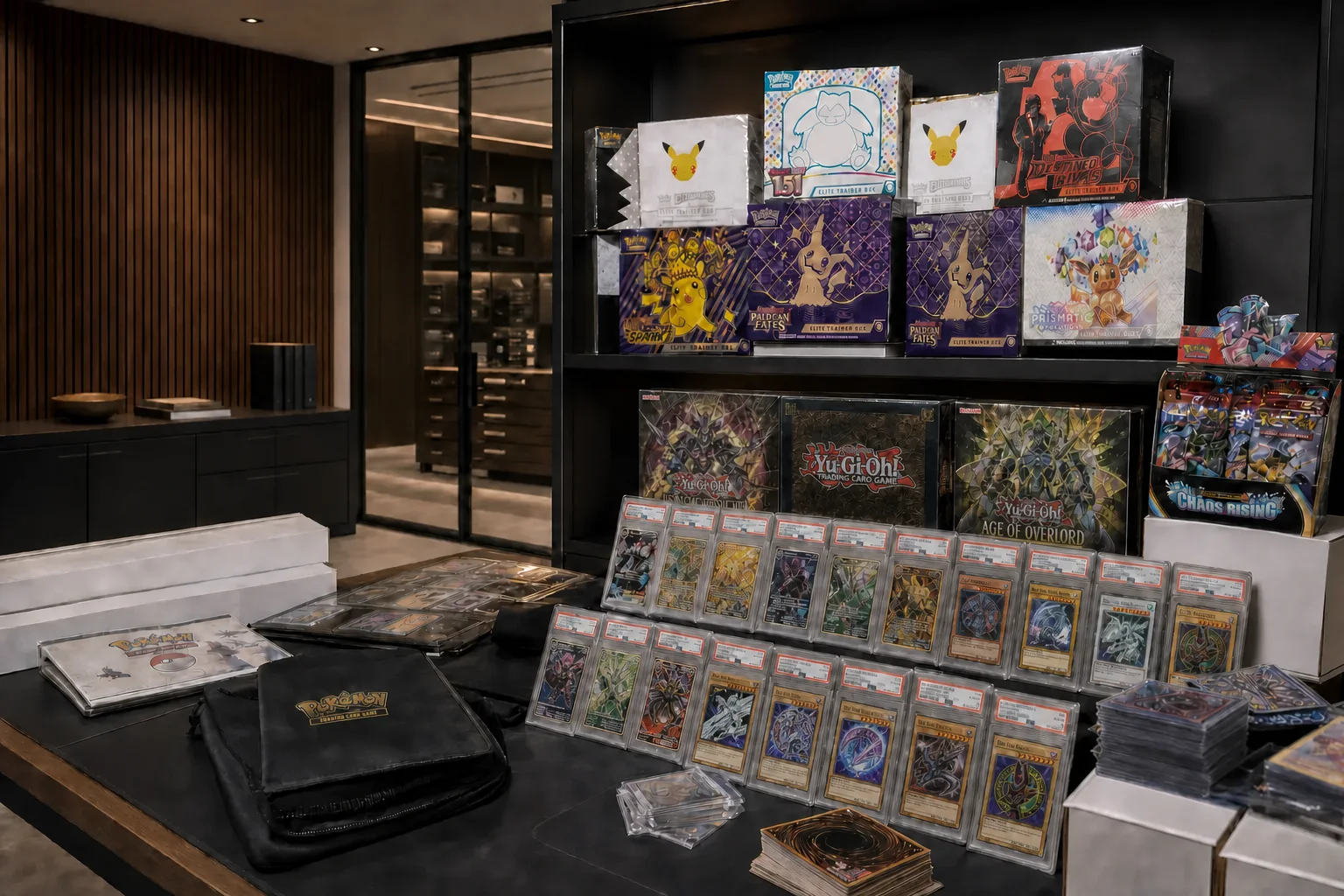 A mixed Pokémon and Yu-Gi-Oh! collection featuring a varied row of graded dragon and spellcaster cards