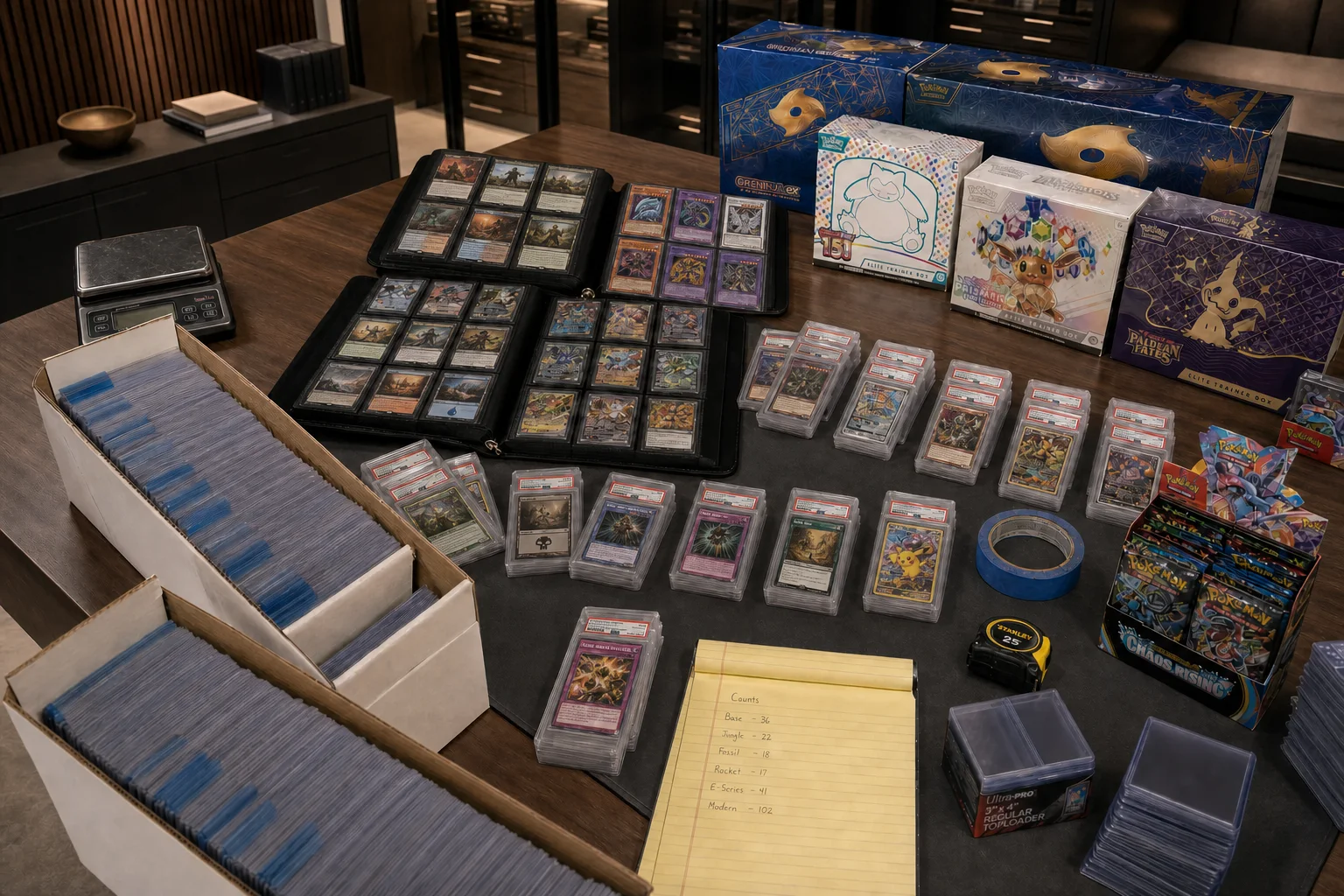 Pokémon, Yu-Gi-Oh!, and Magic: The Gathering cards arranged in binders and graded slabs for market preparation