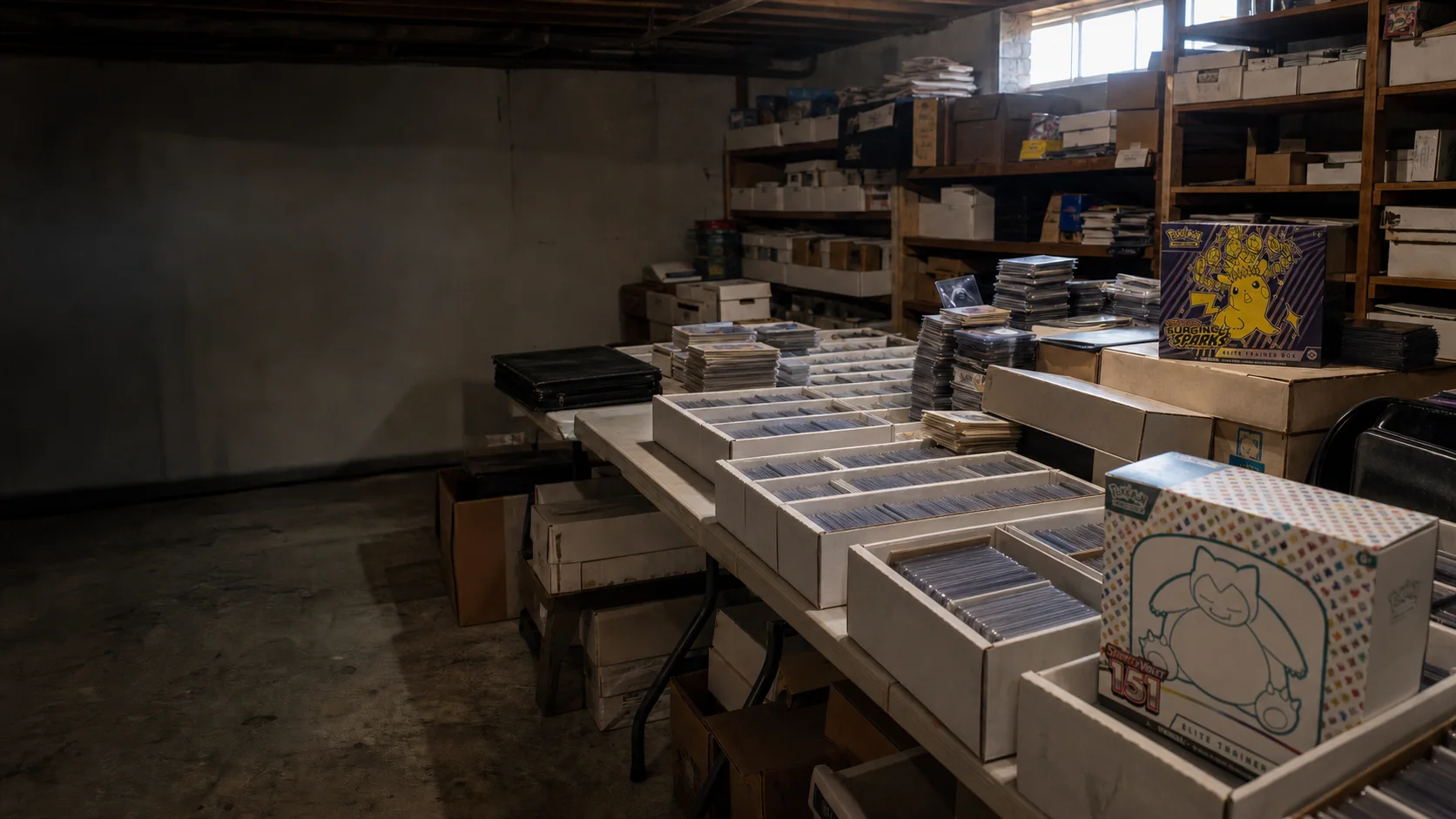 A substantial trading-card collection with sealed product, graded cards, and storage boxes arranged for review