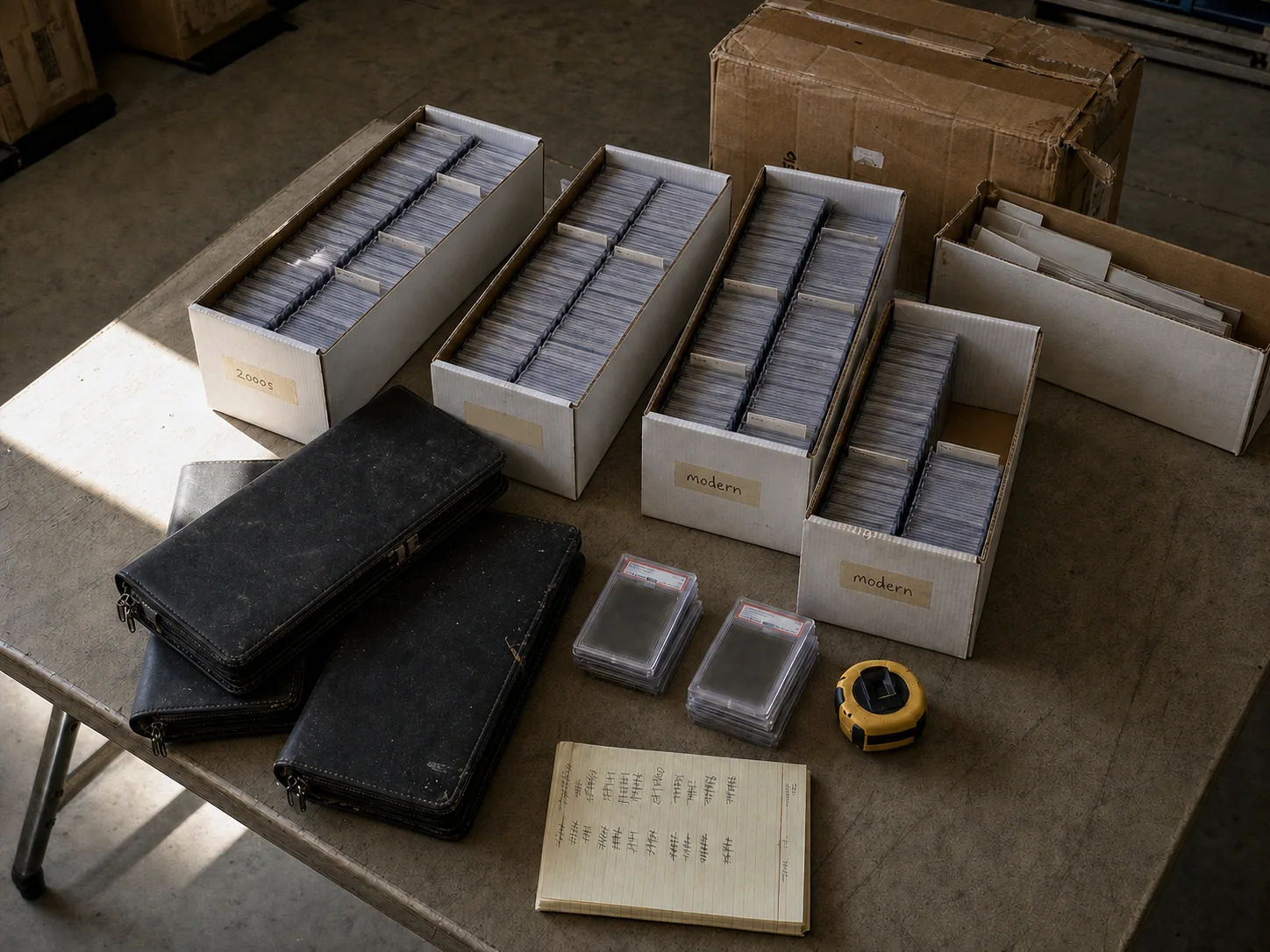 Binders, graded cards, and card boxes arranged across a collection worktable