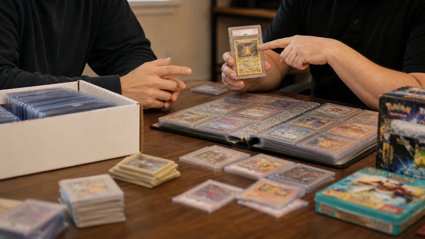 A collectible specialist and seller reviewing a trading-card collection together